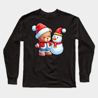 Cute Christmas Bear and his Snowman Kawaii Long Sleeve T-Shirt